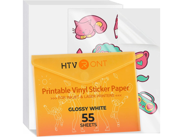 Printable Vinyl Sticker Paper, Glossy White, 8.5'x11', 55 Sheets Fast Dry, Great Stickiness, Tear Resistant, For Inkjet Printer, Easy to Use & Peel...