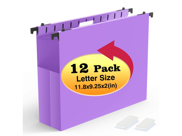 Extra Capacity Plastic Hanging File Folders, 12 Pack, Letter, Purple Letter Size, Reinforced Expanding Hang Folder, Accordian Pocket, Heavy Duty 2'...