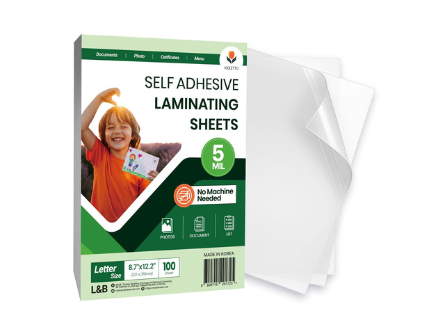 Self-Adhesive Laminating Sheets, Fits 8.5 x 11, No Machine, 100 8.7 x 12.2 in cold lamination film, 5 mil clear gloss. No laminator or heat....