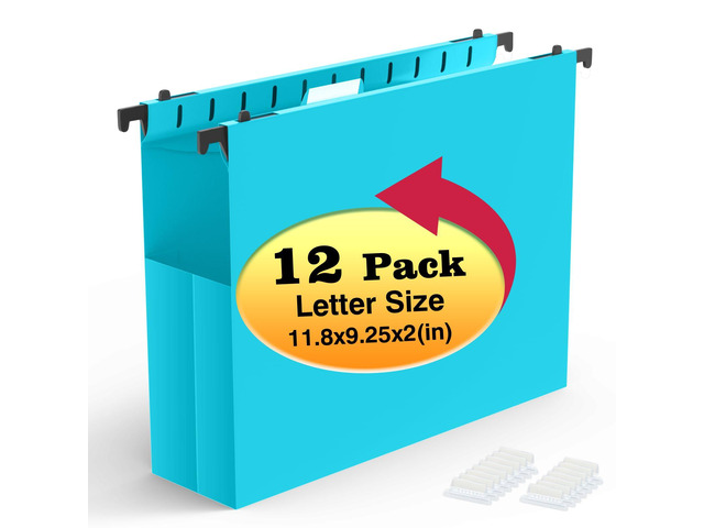 Extra Capacity Plastic Hanging File Folders,12 Pack, Letter, Blue Reinforced Expanding Hang Folder Letter Size, Accordian Pocket, Heavy Duty 2 Inch...