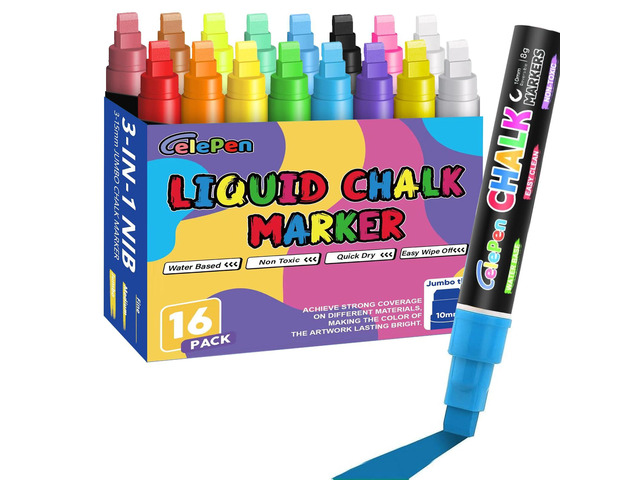 Window Chalk Markers for Cars Glass Washable, 16 Colors Jumbo Liquid Chalk Marker Pens with 10mm 3 in 1 Nib Wide Tips, Big Chalkboard Markers Car...