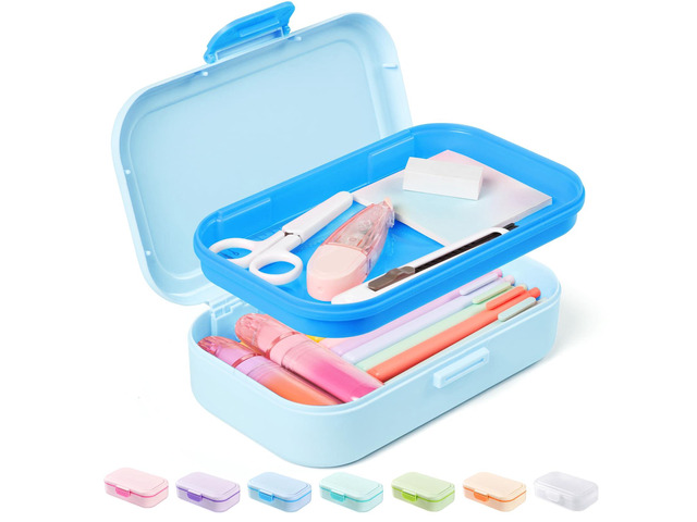 Double Layer Pencil Box, Plastic Pencil Case with Latch, Hard School Supply Box for Girls Boys Kids, Large Crayon Marker Pen Holder, Cute Art...