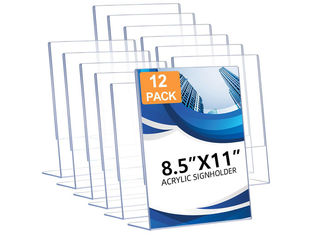 12 Pack Acrylic Sign Holder 8.5 x 11, Clear Plastic Display Stands for Tabletop, L-Shape Acrylic Stands for Flyers, Documents, Office, Restaurants,...