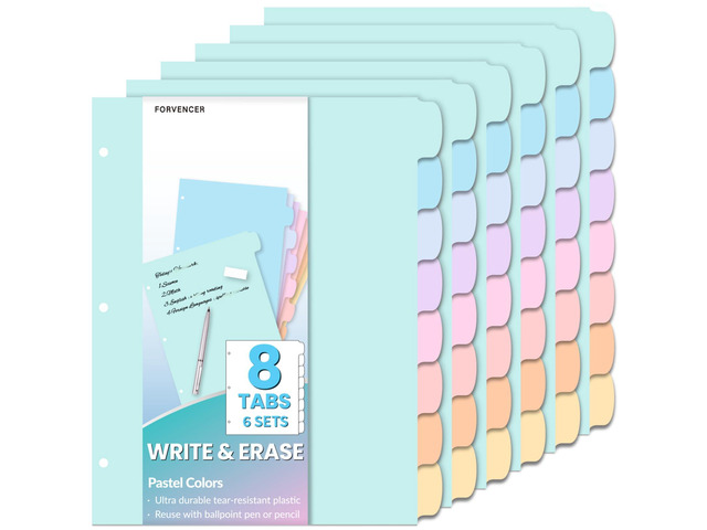 48Pcs/6Set Binder Dividers with Big Tabs Write & Erase tab Divider Dividers for 3 Ring Binder, Tab Divider with Sticker Labels for Student, Teacher,...