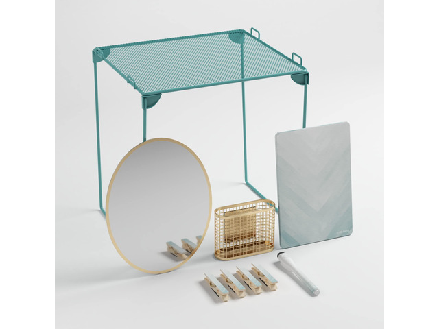 Magnetic Locker Organizer Kit with Decor, Blue Nine pieces: a 12 inch stackable metal shelf holding 25 lb, gold oval mirror, wire cup, chevron dry...