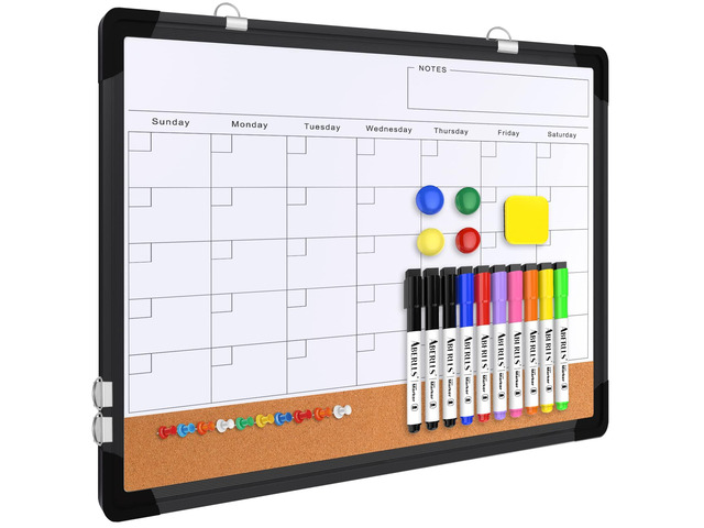 Monthly Calendar Whiteboard for Wall, 24x18 Inches Dry Erase Board with Cork Board Combo, Magnetic White Board, Double-Sided Hanging Portable Board...