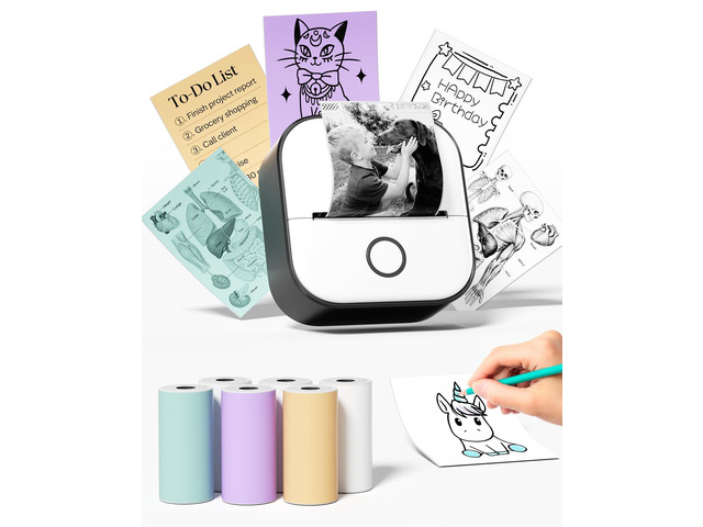 Mini Thermal Printer T02 Mini Sticker Printer with 6 Rolls Paper Inkless Portable Mini Printer AI Sticker Maker Bluetooth Photo Printer Instant...