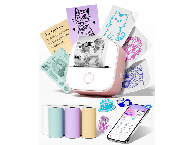 Sticker Printer T02 Sticker Maker Machine with 6 Rolls Paper Gifts for Teen Girls, Portable AI Mini Printer Sticker Makerm, Bluetooth Print Pod for...