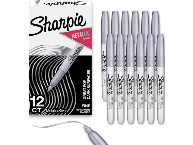 Metallic Permanent Markers, Fine Tip, Silver, 12 Count - For Black Paper or Dark Surfaces, Arts & Crafts, Posters, Classroom Supplies