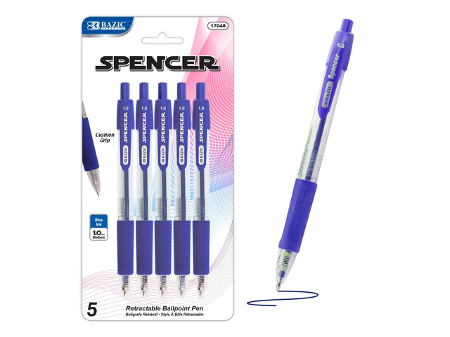 Spencer Blue Ink Retractable Pens, 1.0 mm, 5 Ct, 24-Box Smooth quick-dry ink, Blue ink retractable ballpoint pens, Soft cushion grip, 1.0 mm...