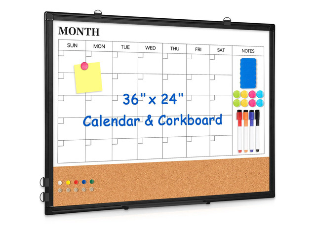 Calendar Whiteboard Dry Erase for Wall, 36' x 24' Month White Board Black Double-Sided Magnetic, Calendar Cork Whiteboard Combo, Aluminium Frame,...
