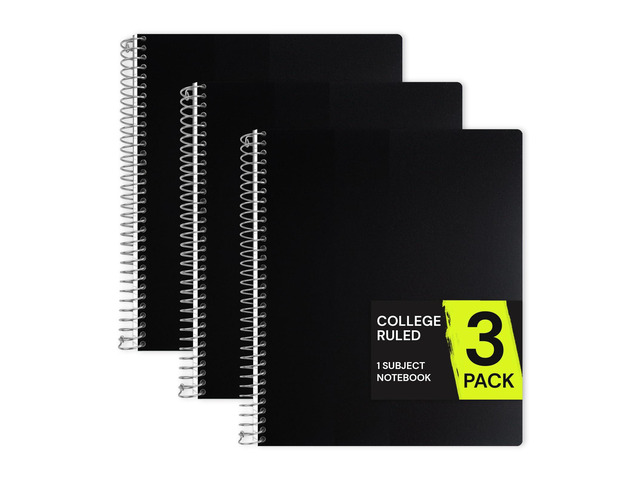 1 Subject Spiral Notebook College Ruled 3 Pack, 200 Pages, Black 100 Sheets, 9 x 11 in, Waterproof Plastic Cover, Durable, 3-Hole Punched, Divider,...