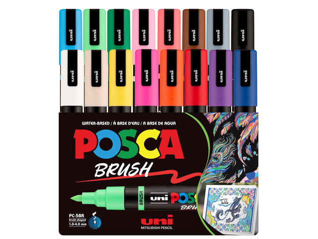 PC-5BR Brush Tip Paint Markers, 16 Count Reversible Brush Set Tip size 1.04.0 mm, Water-Based Opaque Paint Pens for Lettering, Calligraphy,...