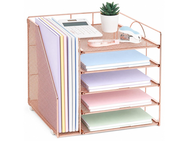 Desk Organizers and Accessories, 5-Tier Paper Letter Tray Organizer with File Holder, Desktop Organizer for Office Supplies (Rose Gold)