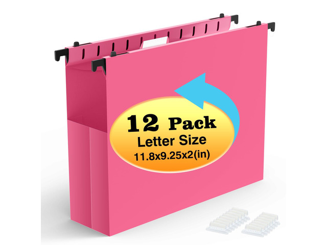 Extra Capacity Plastic Hanging File Folders, 12 Pack, Letter, Pink Letter Size, Reinforced Expanding Hang Folder, Accordian Pocket, Heavy Duty 2'...