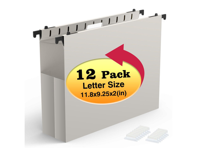 Extra Capacity Plastic Hanging File Folders, 12 Pack, Letter, Grey Letter Size, Reinforced Expanding Hang Folder, Accordian Pocket, Heavy Duty 2'...