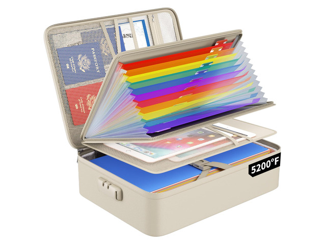 Fireproof File Organizer Bag with 13 Pockets Accordion File Folder 5200 Document Organizer Box with Lock & Labels, Multi-Layer, Portable Home Safe...