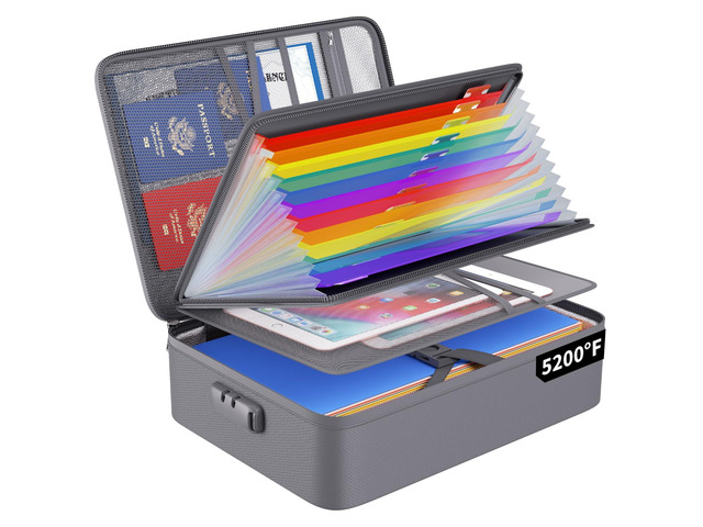 Fireproof File Organizer Bag with 13 Pockets Accordion File Folder 5200 Document Organizer Box with Lock & Labels, Multi-Layer, Portable Home Safe...