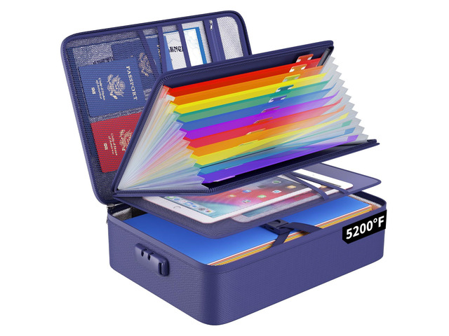 Fireproof File Organizer Bag with 13 Pockets Accordion File Folder 5200 Document Organizer Box with Lock & Labels, Multi-Layer, Portable Home Safe...