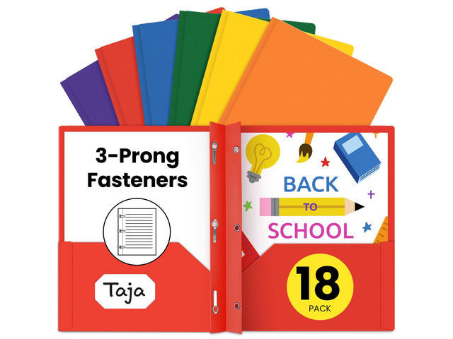 Plastic Folders with Pockets and Prongs (18 Pack, Bright Colors), 2-Pocket Poly Folders with 3 Hole Punch and Business Card Slot, Fits Letter Size...