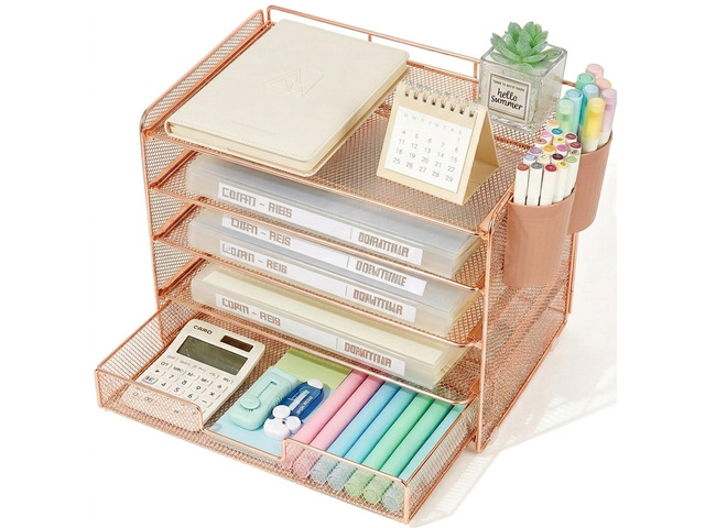 Desk Organizer and Accessories, 5-Tier Paper Letter Tray Organizer with Drawer & 2 Pen Holders for Desktop File Organization, Office Desk...