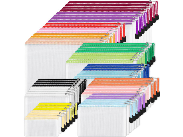 56pcs Mesh Zipper Pouch, Waterproof Zipper Bags, 8 Sizes Plastic Travel Pouch, 18 Colors, Multipurpose for Travel Storage, Office Appliances