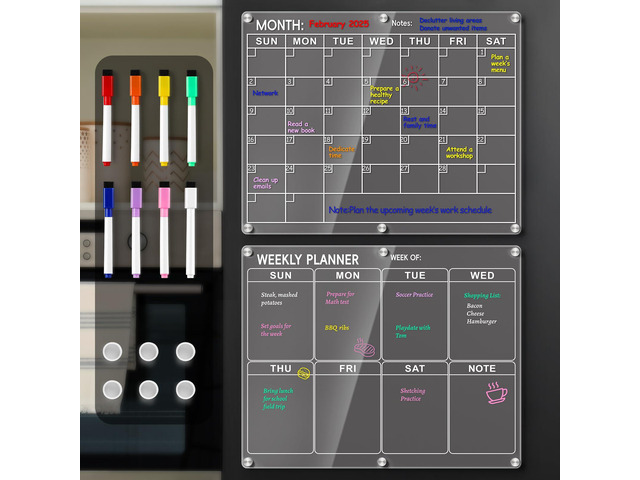 Magnetic Acrylic Calendar for Fridge, 2 Pack Clear Dry Erase Board for Refrigerator, Monthly Planner and Weekly Planner with 8 Colorful Markers,...