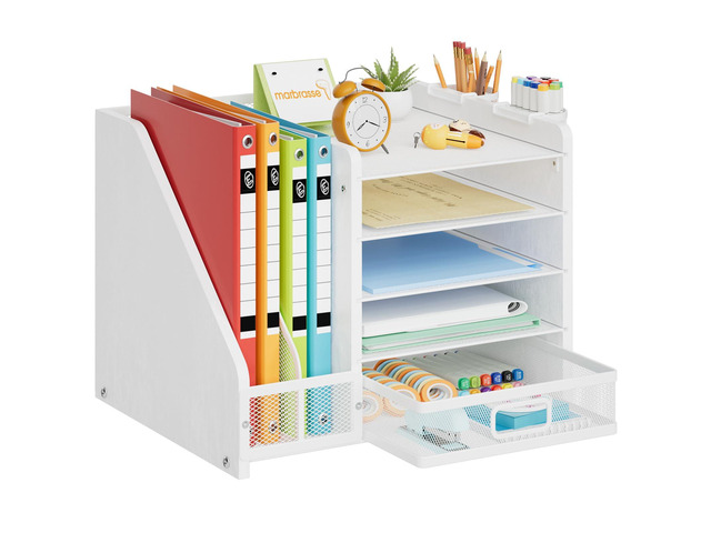 Desk Organizer with File Holder, 5-Tier Paper Letter Tray Organizer with Drawer and 2 Pen Holder, Mesh Desktop Organizer and Storage with Magazine...