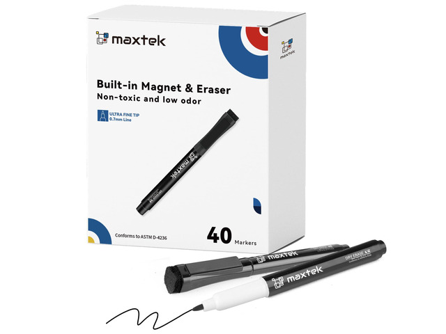 Dry Erase Markers, 40 Count, Black, Ultra Fine Tip 0.7mm Magnetic with Eraser, Extra Fine Point Thin, Low Odor