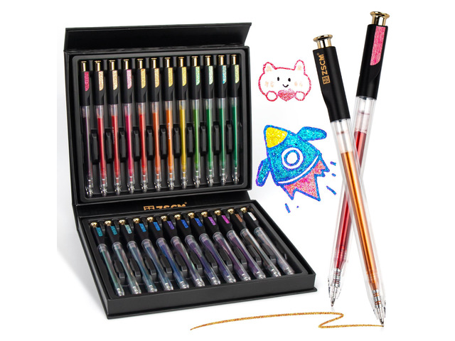Retractable Aurasparkle Glitter Gel Pens, 24 Large Capacity Metallic Pens 1 mm Fine Point Smooth Writing Color Pen for Adult Coloring Book Note...
