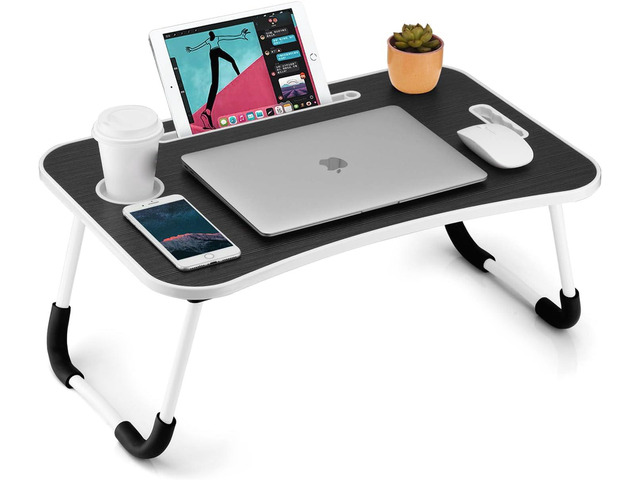 Foldable Laptop Table, Portable Lap Desk Bed Table Tray, Laptop Stand with Cup Holder & Tablet Slot & Lifting Handle for Working Writing Drawing &...