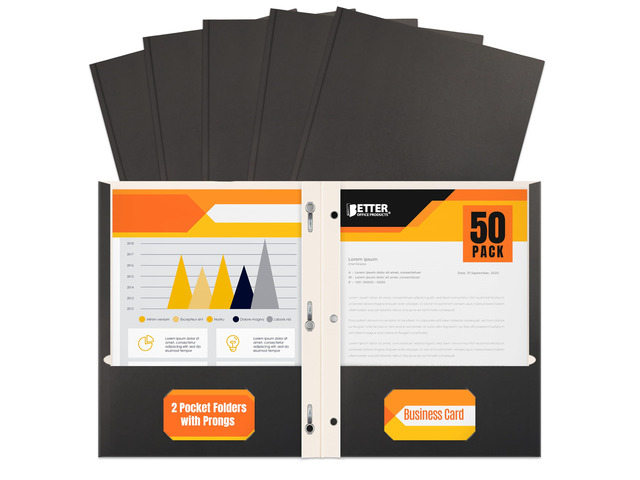 Black Paper 2 Pocket Folders with Prongs, 50 Pack, Matte Texture, Letter Size Paper Folders, 50 Pack, with 3 Metal Prong Fastener Clips, Black