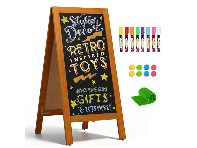 A-Frame Double-Sided Magnetic Chalkboard 40'x20', Caramel Solid Pine Wood, Freestanding Sandwich Board, For Business, Restaurants, Cafes, Weddings,...