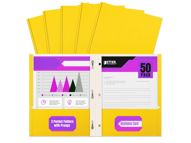 Yellow Paper 2 Pocket Folders with Prongs, 50 Pack, Matte Texture, Letter Size Paper Folders, 50 Pack, with 3 Metal Prong Fastener Clips, Yellow