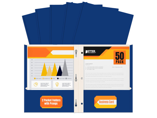 Blue Paper 2 Pocket Folders with Prongs, 50 Pack, Matte Texture, Letter Size Paper Folders, 50 Pack, with 3 Metal Prong Fastener Clips, Blue