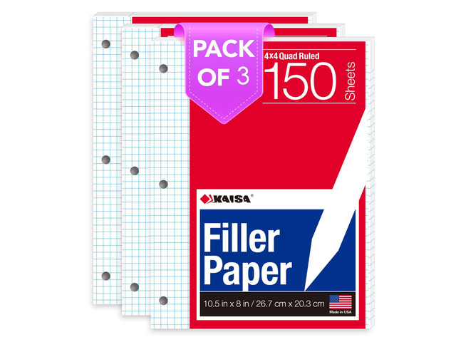 Graph Paper Filler Paper USA-Made Bulk Wholesale Available 3 Pack 4x4 Quad Rule 3-Hole Punched Loose Leaf Paper 8x10.5 Filler Paper for 3-Ring...