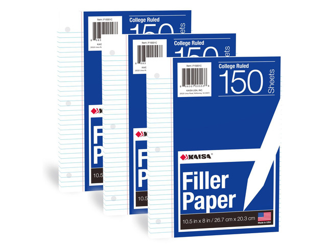Loose Leaf Paper Filler Paper 8x10.5 inches, College Ruled, 3-Hole Punched for 3-Ring Binder, 150 Sheets/Pack (3 Pack) F15001C