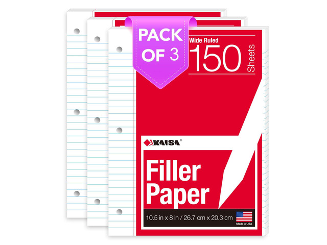 Filler Paper Loose Leaf Paper, Wide Ruled Paper, 8'x10-1/2', 3-Hole Punched Binder Paper For 3-Ring Binders,150 Sheets/pack 3Pack, F15001W