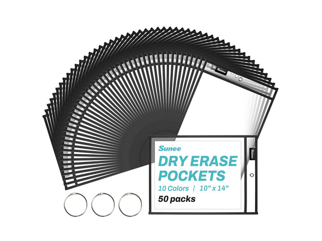 50 Packs Oversized Reusable Dry Erase Pocket Sleeves with 3 Rings, Black 10x14 Ticket Holders, Clear Plastic Sheet Protectors, Teacher School...