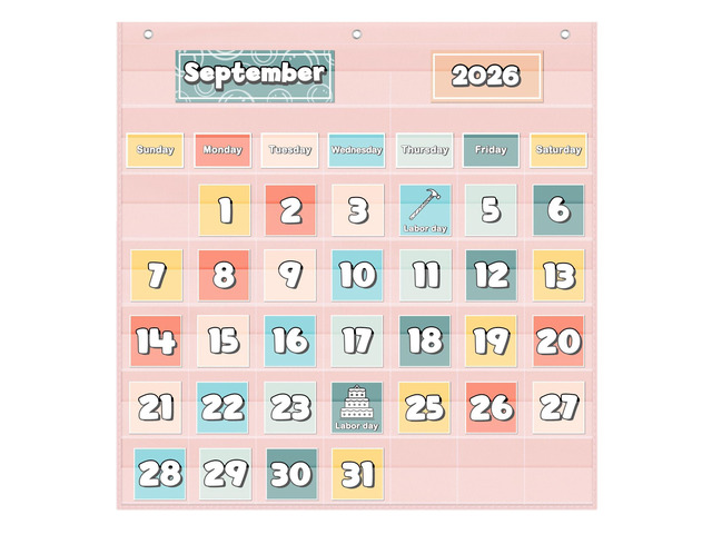 Classroom Monthly Calendar Pocket Chart for 2.75 * 2.75 Cards,Homeschool Supplies and Classroom Must Haves! Only Chart(Pink)