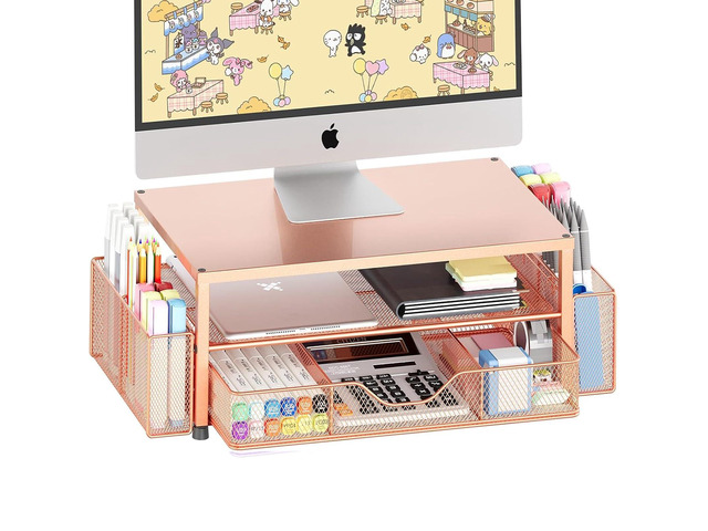 Desk Organizer and Accessories, 2-Tier Computer Monitor Stand Riser with Drawer and 2 Pen Holders, Laptop Stand, Office Desk Accessories for Office...