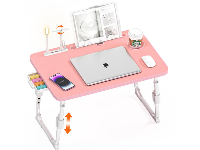 Lap Desk for Bed Adjustable Height with USB Port 23.6' x15.7' Desktop Storage Drawer, Bookshelf, Fits 17' Laptop, For couch WFH Study, Foldable...