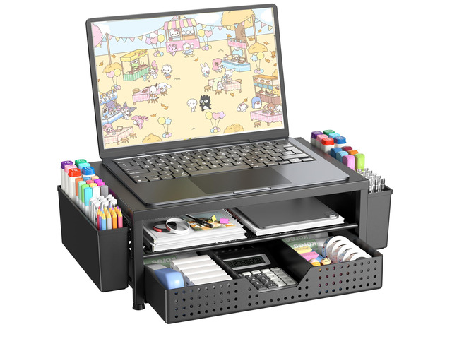 Desk Organizer and Accessories, 2-Tier Computer Monitor Stand Riser with Drawer and 2 Pen Holders, Laptop Stand, Office Desk Accessories for Office...