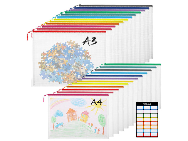 24pcs Mesh Zipper Pouch Bags, 12 Colors Extra Large 12PCS A3 and 12pcs A4, Puzzle Bag for Organizing, Classroom Must Have Storage Bag, File Bags...