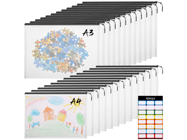 24pcs A4 Mesh Zipper Pouch File Bags, 12pcs Large A3 and 12pcs Letter A4,Black Reusable Zipper Bags for Organizing Storage, Waterproof Puzzle Bag,...