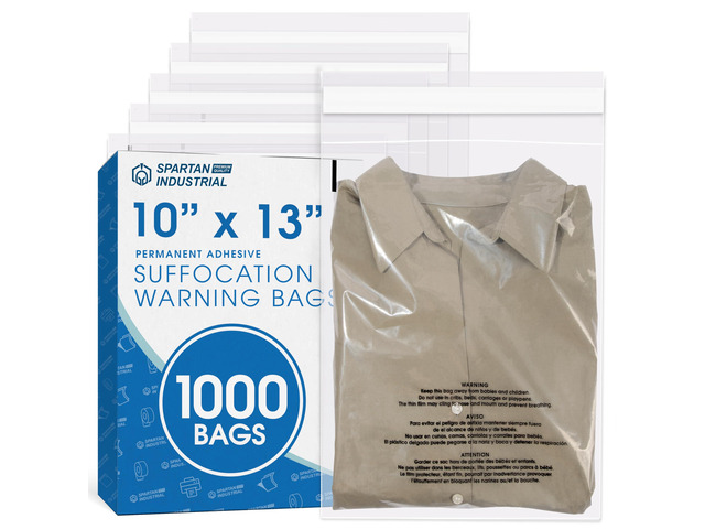 10' X 13' (1000 Count) Self Seal Clear Poly Bags with Suffocation Warning for Packaging, T Shirts & Shipping - Permanent Adhesive