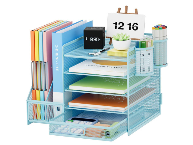 Desk Organizer with File Holder, 5-Tier Paper Letter Tray Organizer with Drawer and 2 Pen Holder, Mesh Desktop Organizer and Storage with Magazine...