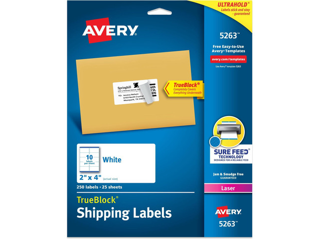 Printable Shipping Labels with Sure Feed, Customizable Stickers, White, 250 Blank Mailing Labels, Great for Mailing, Shipping, and More (5263), 2'...