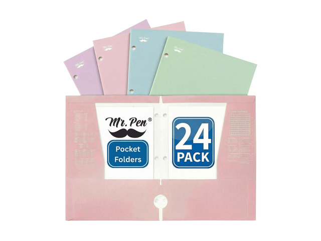 4-Pocket Folders, 24 Pack, 12.5' x 9.5', Pastel Colors Tear-Resistant Paper Folders Bulk with Pockets 3 Holes Punched, High Capacity