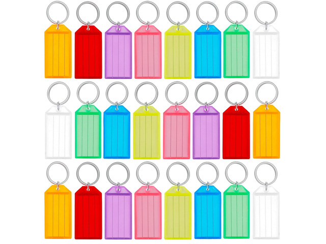 200 Pack Plastic Key Tags with Split Ring Label Window, 8 Colors Tough plastic key tags with writable blank paper labels and clear covers keep...